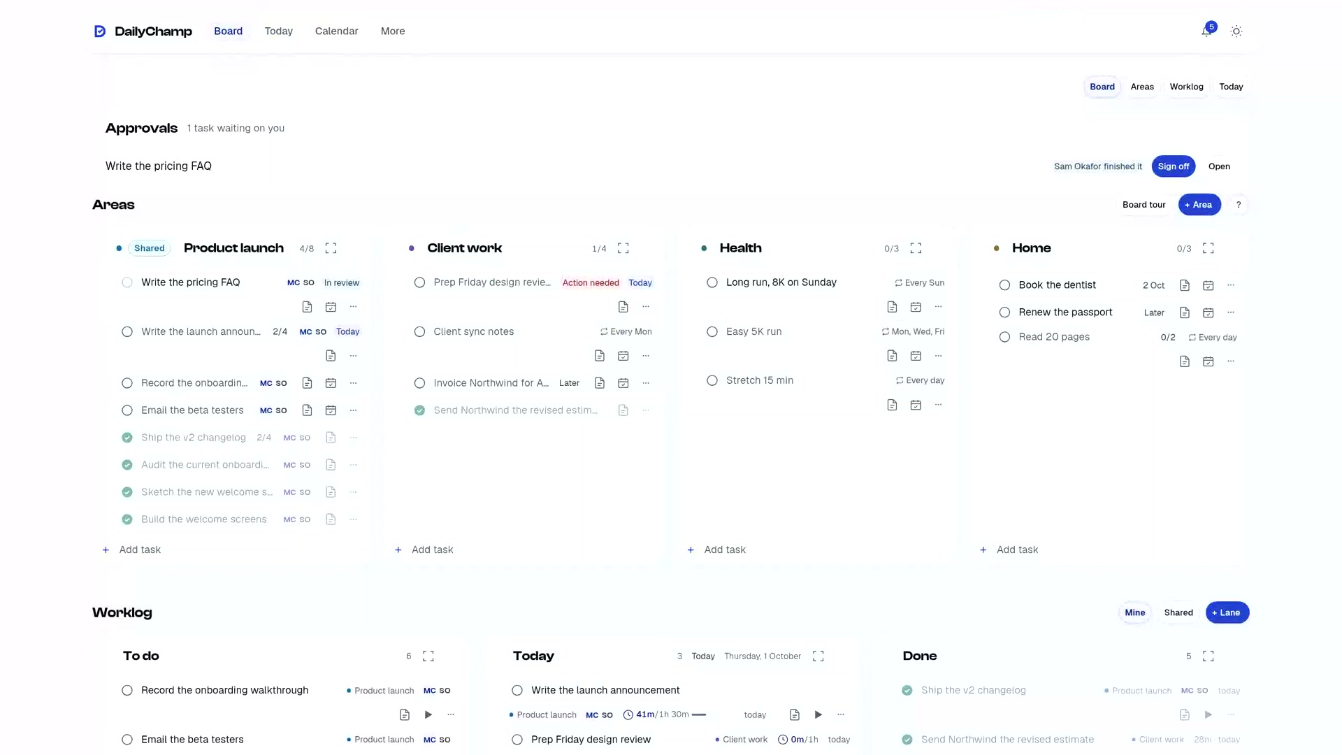 DailyChamp task board and daily worklog